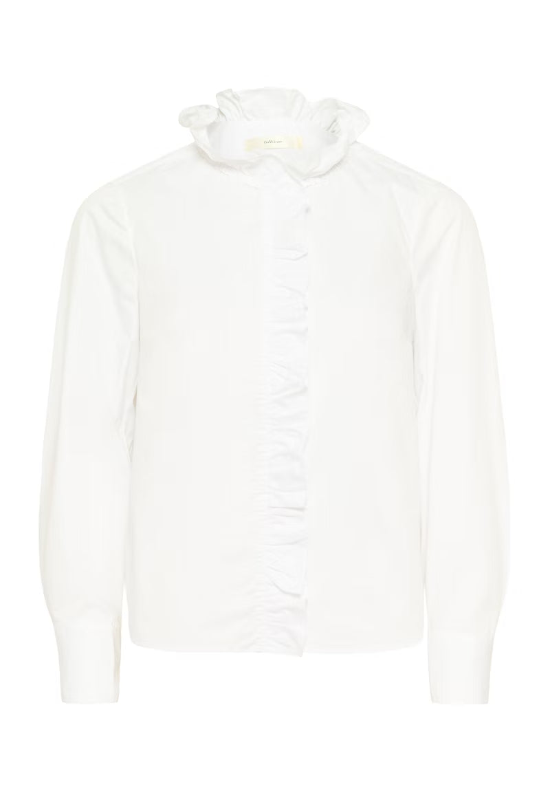 Flat lay of InWear white shirt with frill detail and long sleeves