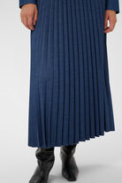 Front close-up of the pleated InWear Cherrie long skirt in denim blue