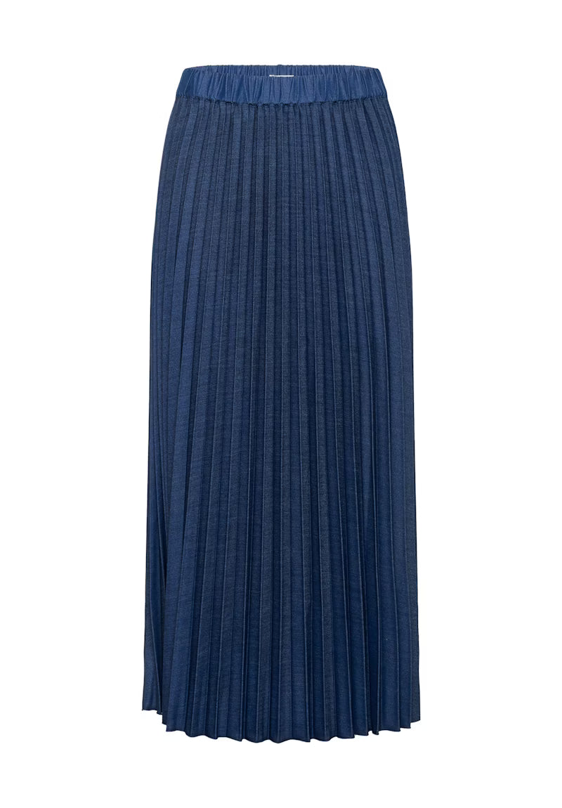 Flat lay of InWear pleated denim skirt with elastic waistband detail