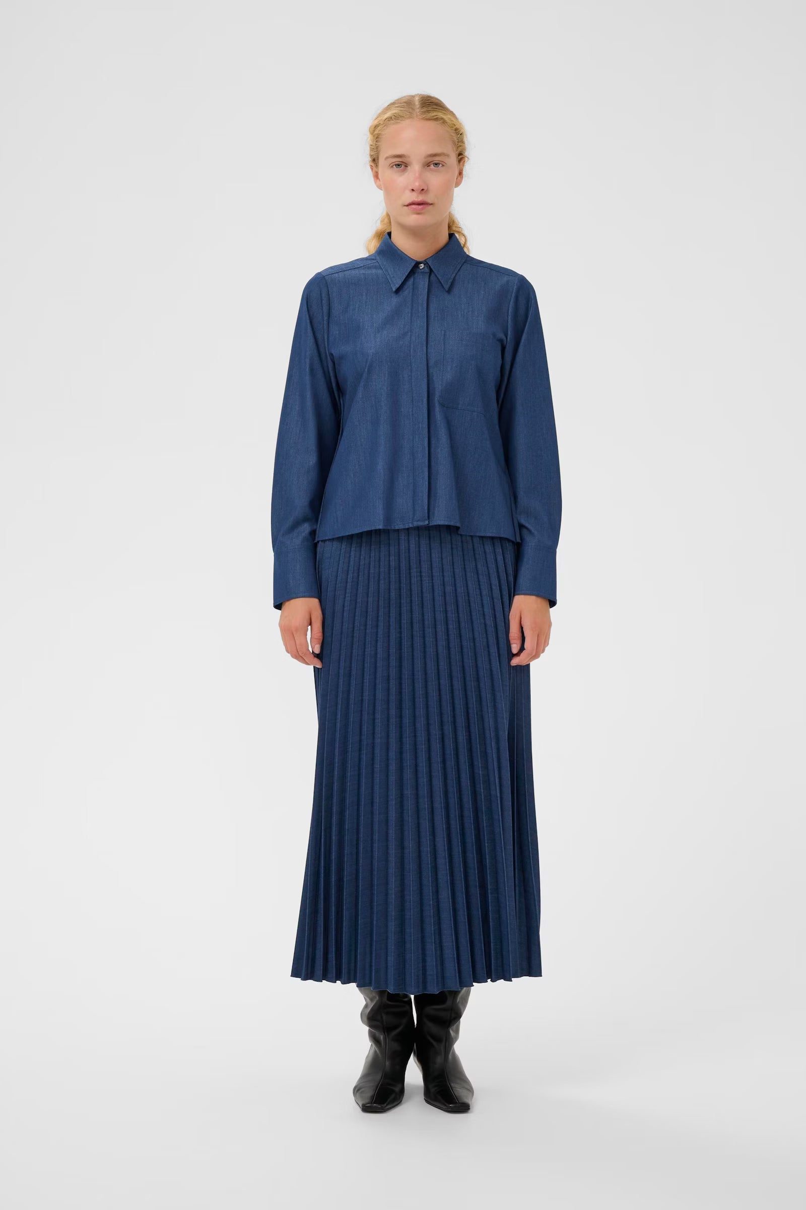 InWear pleated maxi skirt in blue denim
