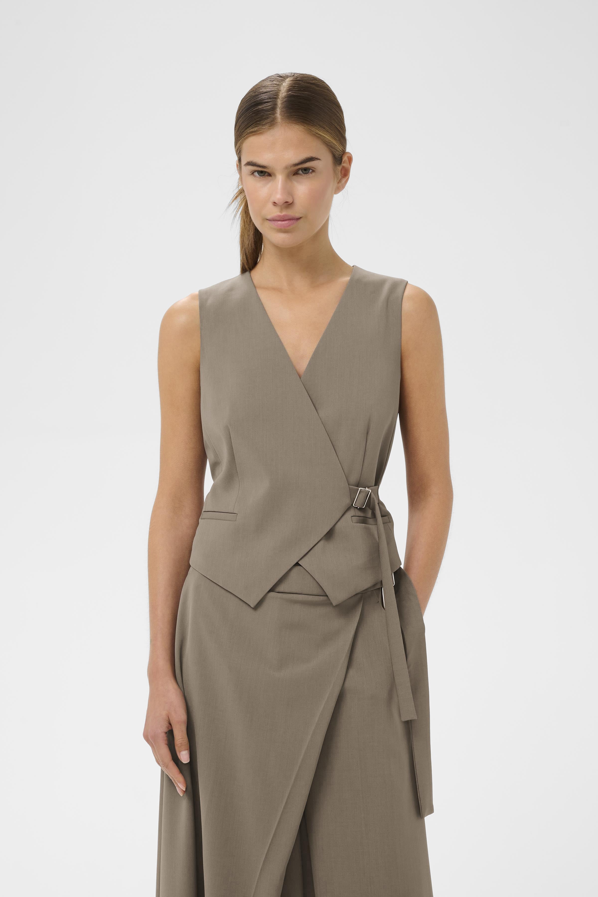 InWear Haisly sandy grey wrap waistcoat front view with asymmetric buckle detail