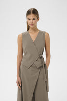 InWear Haisly sandy grey wrap waistcoat front view with asymmetric buckle detail