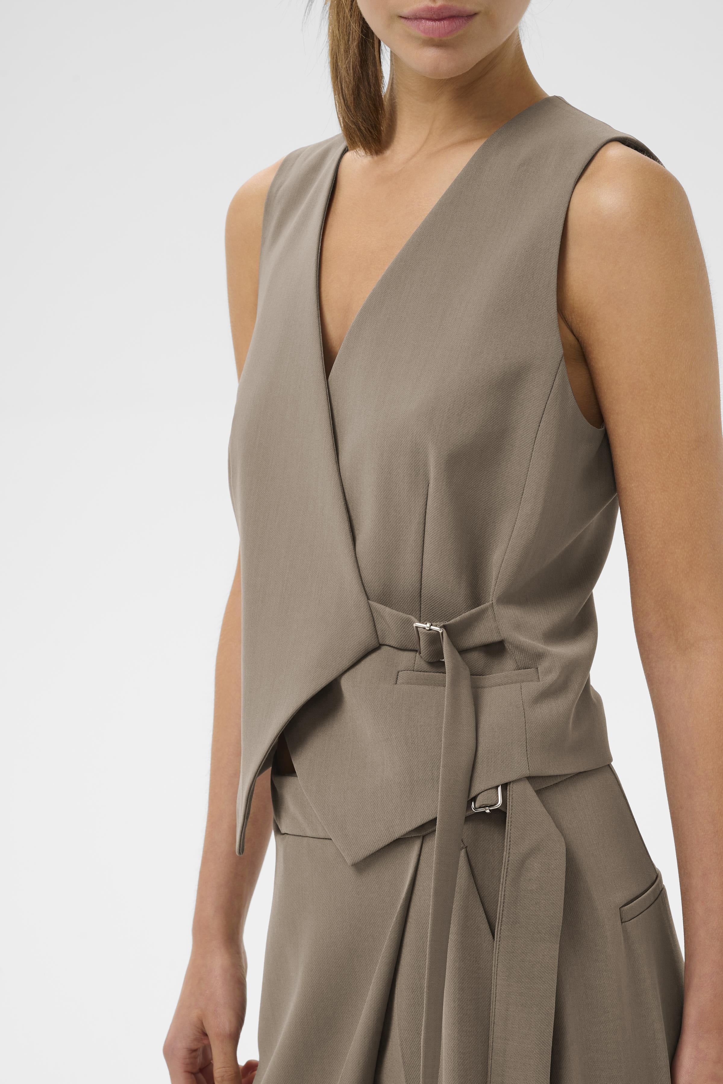 InWear Haisly waistcoat close-up showing V-neckline and wrap fastening