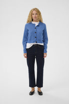 InWear Nias blue soft knit cardigan styled with dark jeans