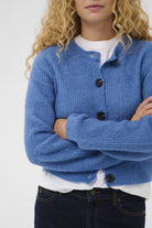 InWear Nias blue cropped knitted cardigan with contrast buttons