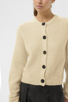 Close up of InWear Nias cream soft knit cardigan on model