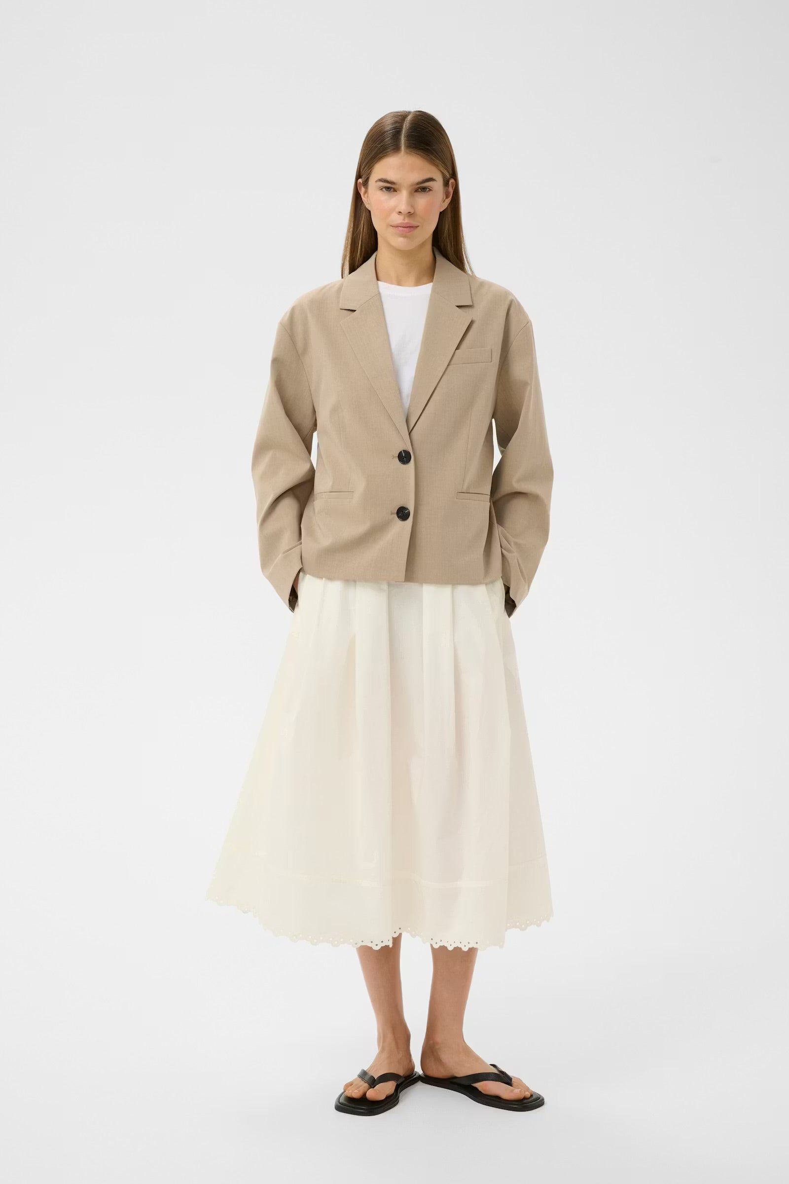 InWear cream midi skirt styled with blazer full outfit