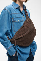 InWear Rasida chocolate brown suede leather sling bag worn crossbody front view