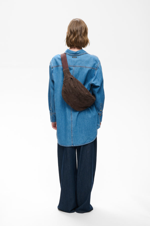  InWear Rasida brown suede crossbody bag worn across the back