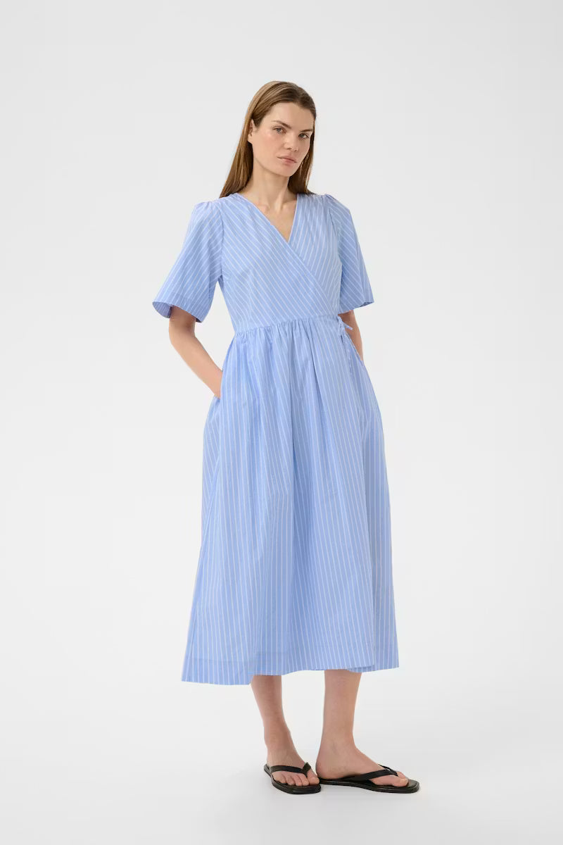     InWear blue and white striped wrap midi dress front view