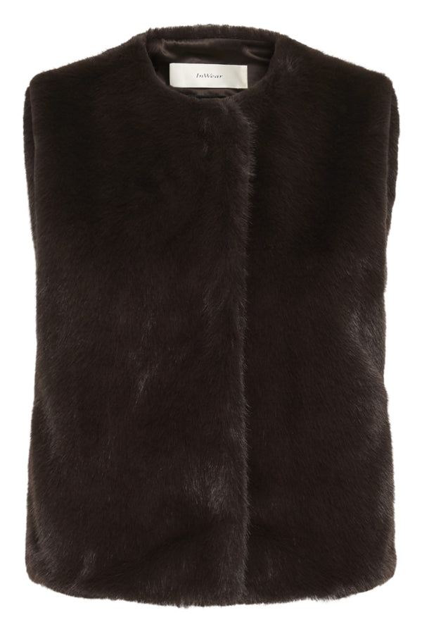 InWear Zabelle brown sleeveless faux fur waistcoat front product view