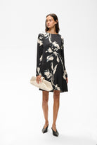 InWear Meadow black floral long sleeve mini dress styled with clutch