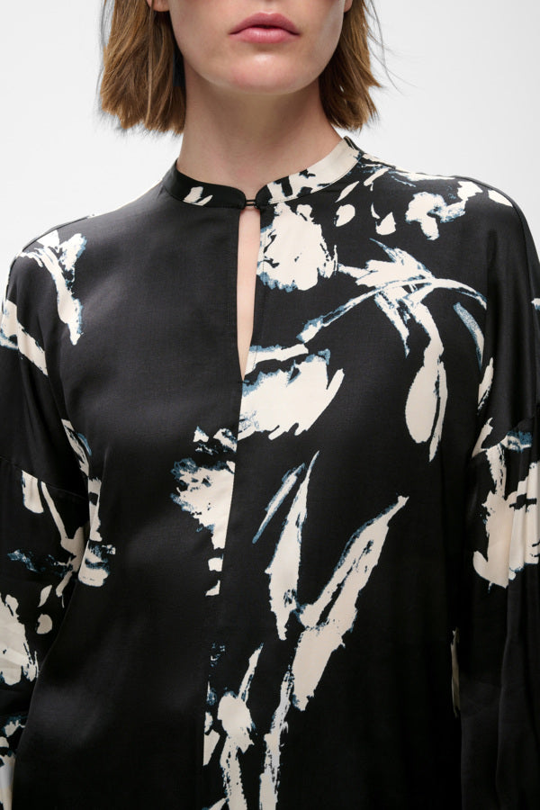 InWear Meadow black floral blouse close-up showing high neckline