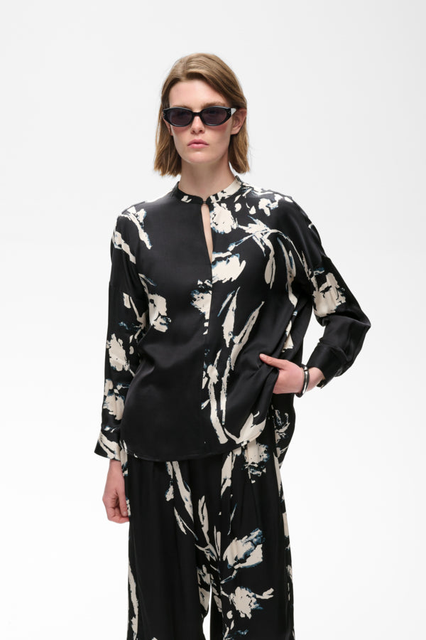 InWear Meadow Black Painted Flower high neck floral blouse front view
