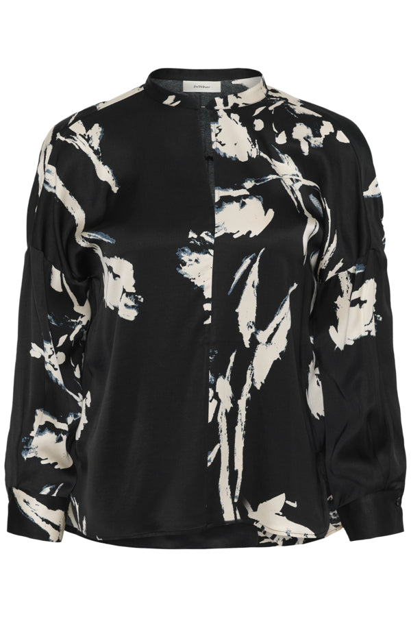 InWear Meadow black floral blouse close-up showing concealed front placket