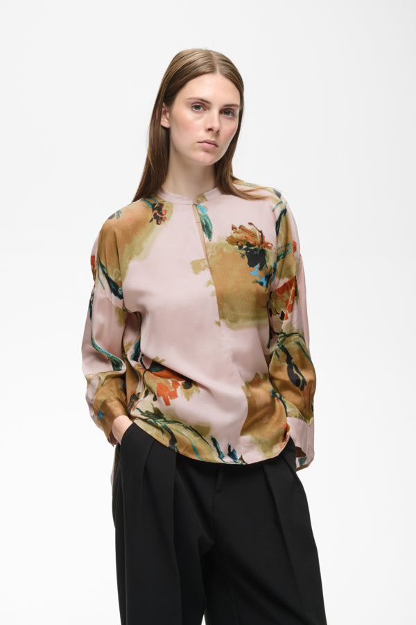 InWear Meadow Soft Pink Painted Flower high neck floral blouse front view