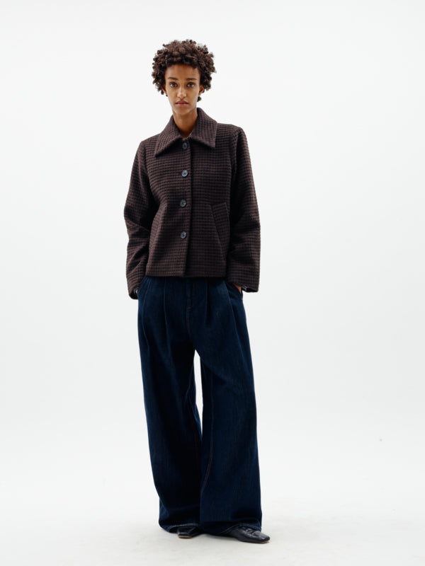 MInWear Hendrix brown short jacket styled with navy wide leg trousers