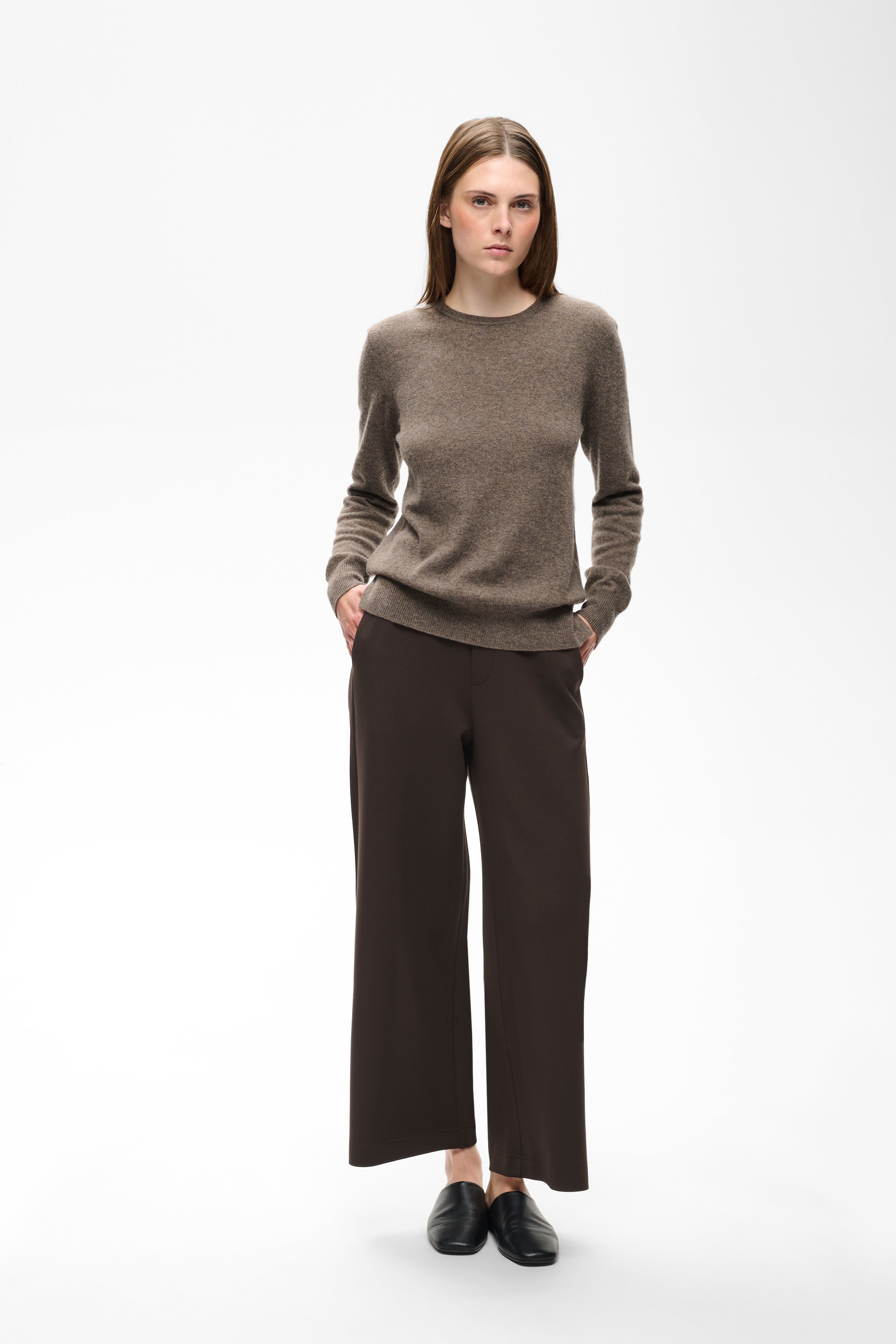 Women’s InWear Gincette brown cropped trousers styled with knitwear