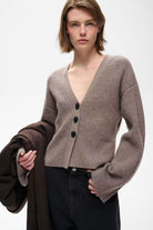 InWear Noomi Kaxy taupe wool cardigan with black button front – angled model view