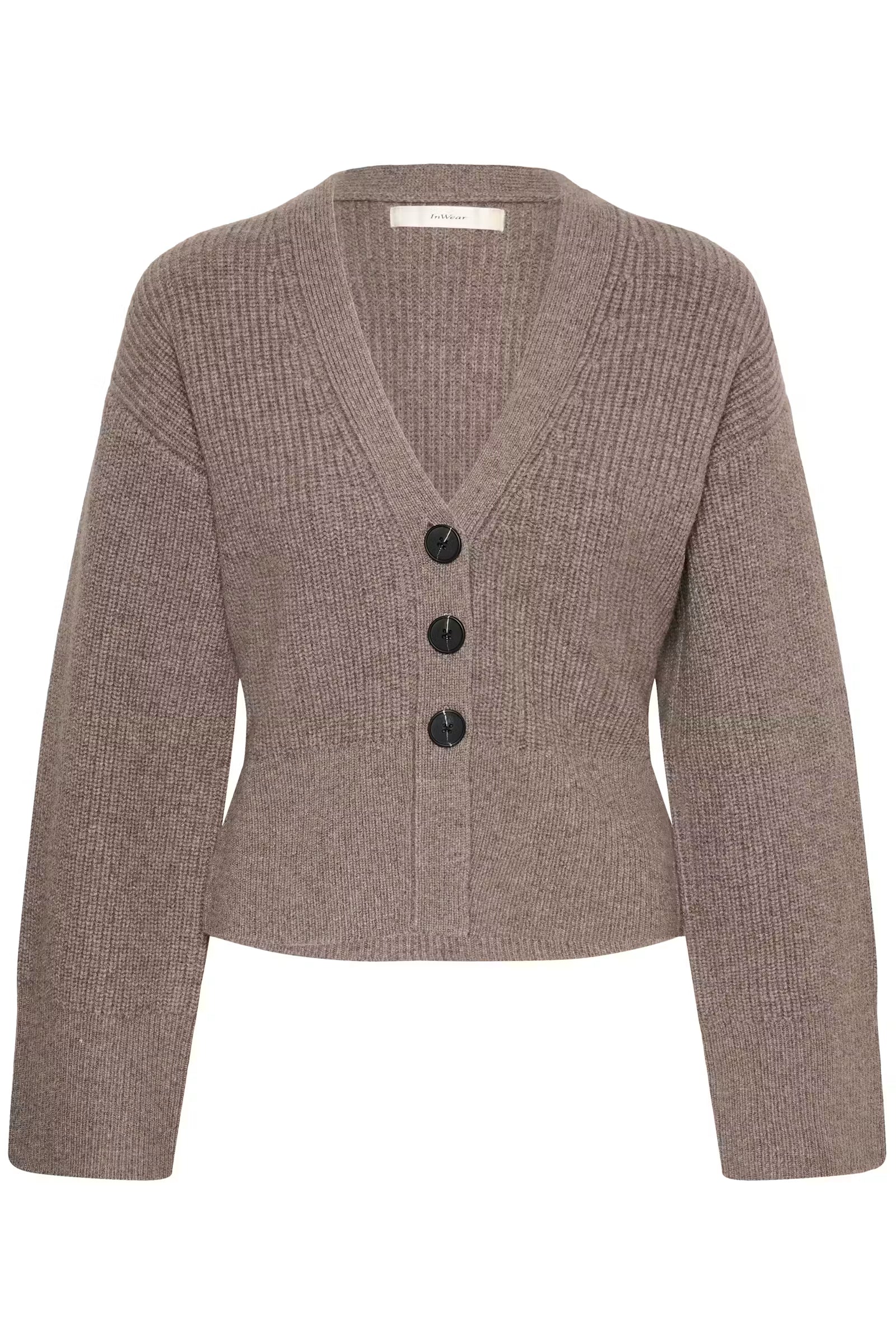 InWear Noomi Kaxy taupe ribbed wool cardigan with three black buttons – product front view