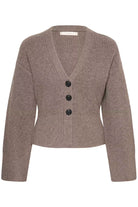 InWear Noomi Kaxy taupe ribbed wool cardigan with three black buttons – product front view