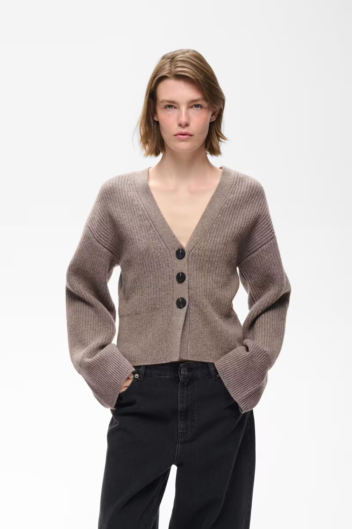 InWear Noomi Kaxy taupe V-neck wool cardigan – front model view