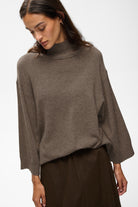 InWear Tally high neck jumper styled with a taupe midi skirt