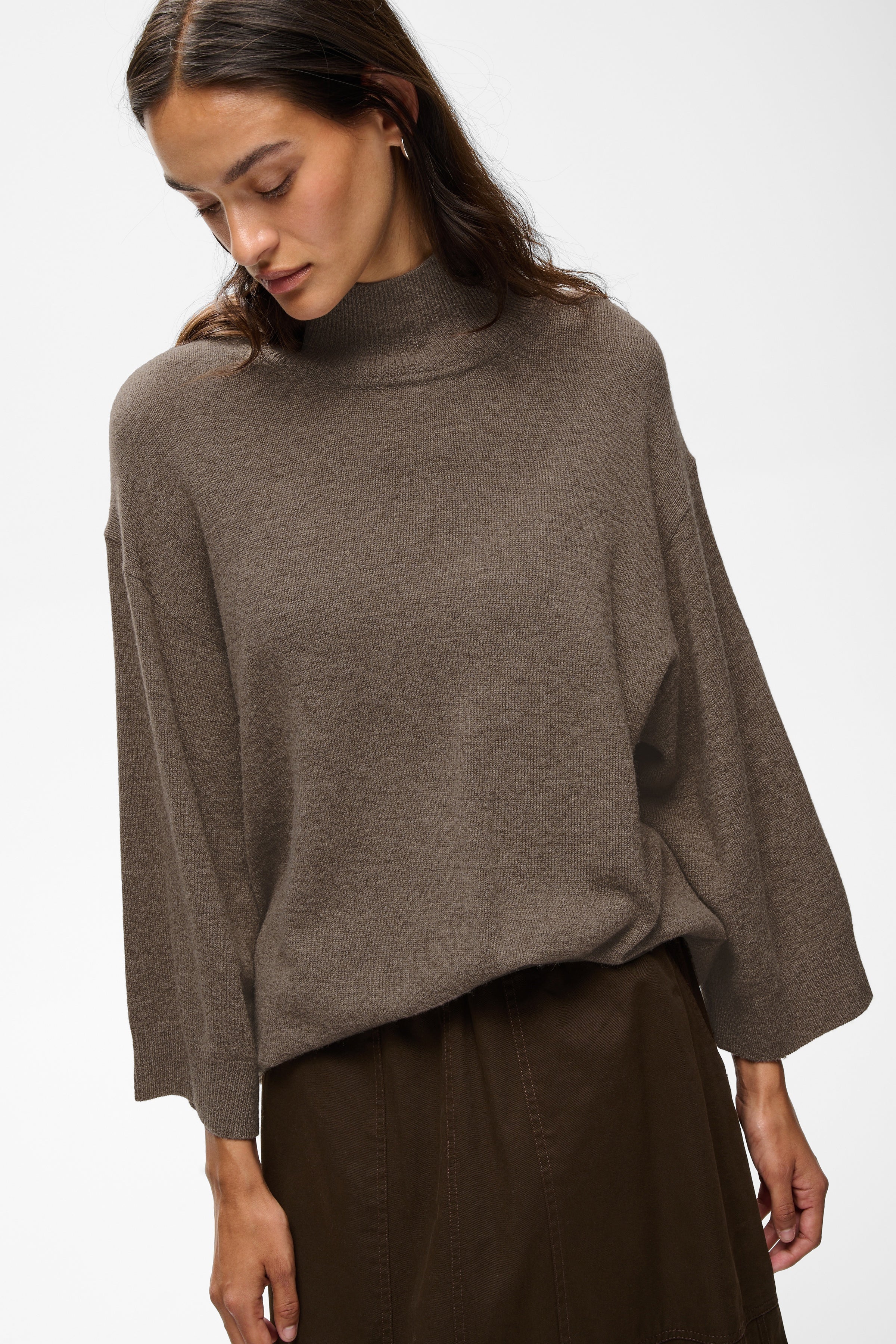 InWear Tally high neck jumper styled with a taupe midi skirt