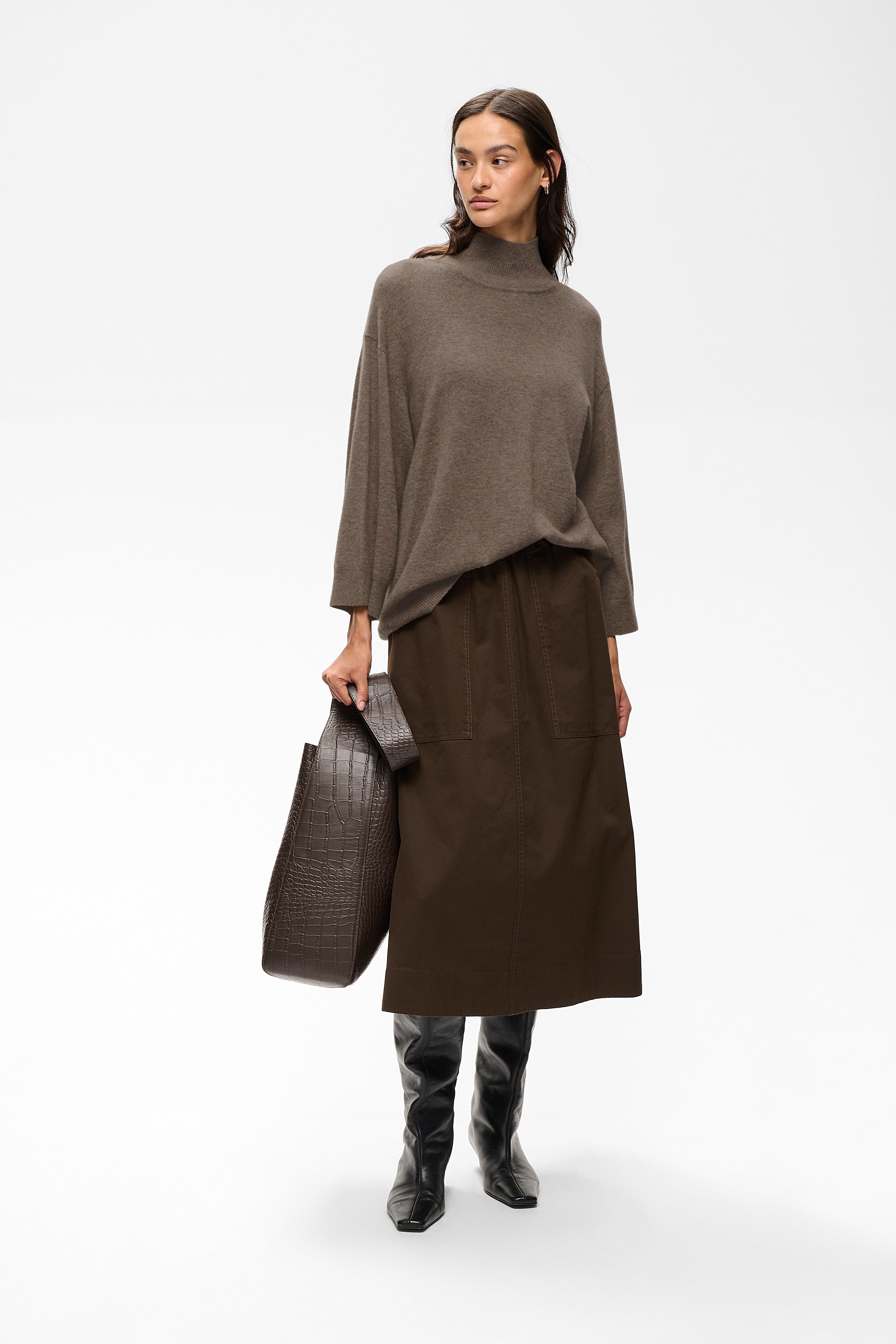 InWear Tally taupe jumper styled with midi skirt and boots