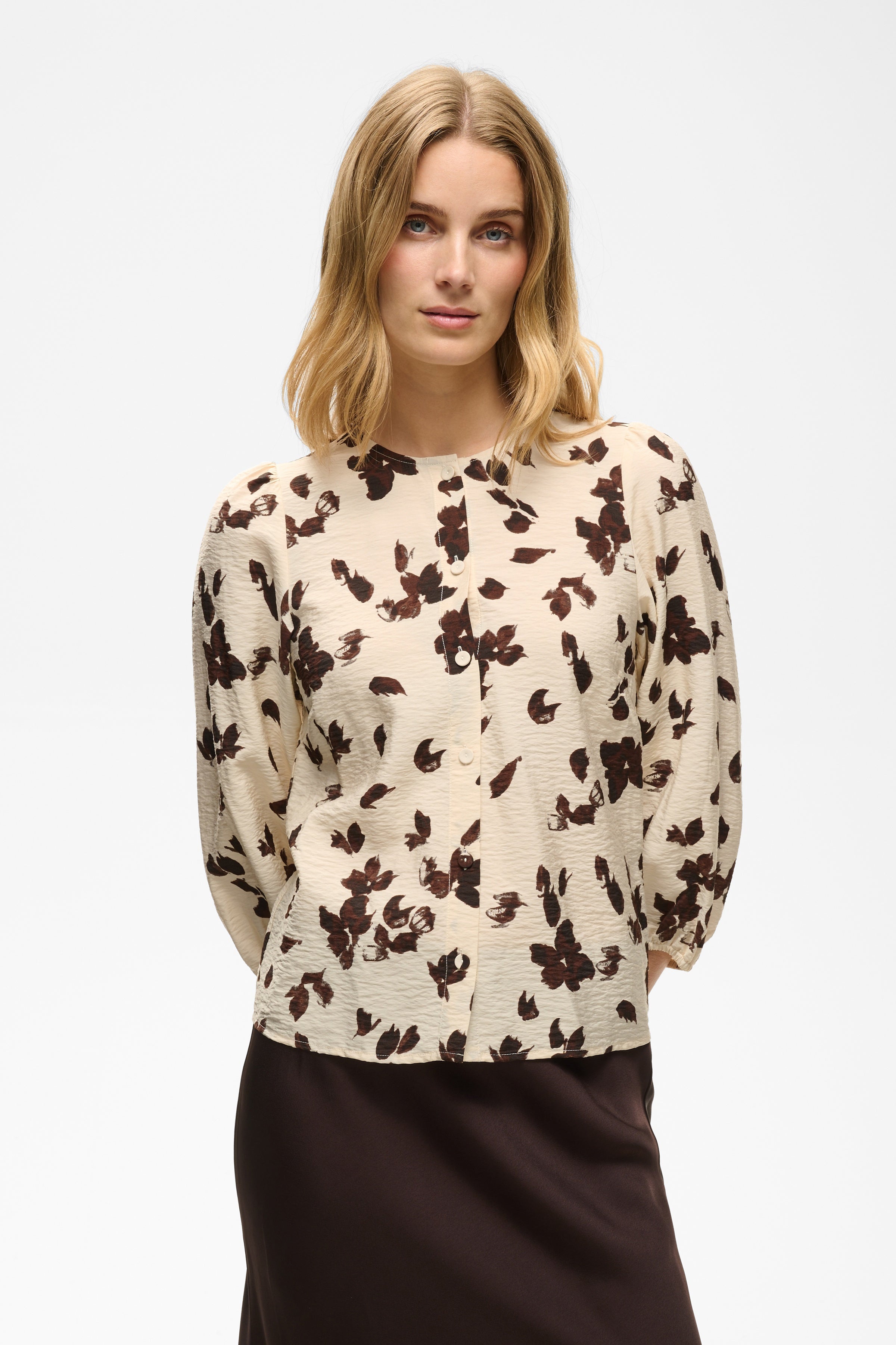 InWear Channie cream petal print blouse with brown midi skirt