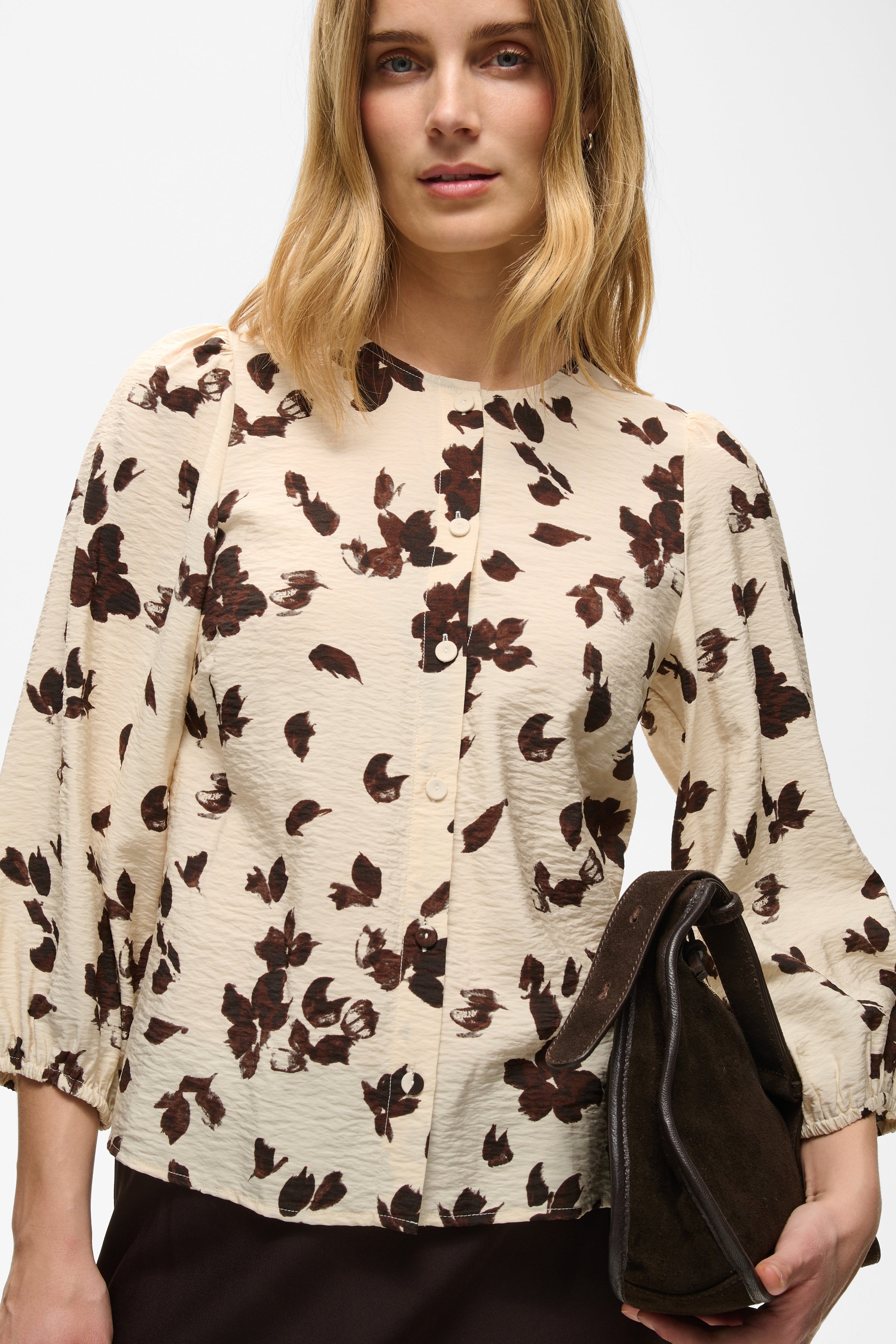 InWear Channie cream and brown petal print blouse front view