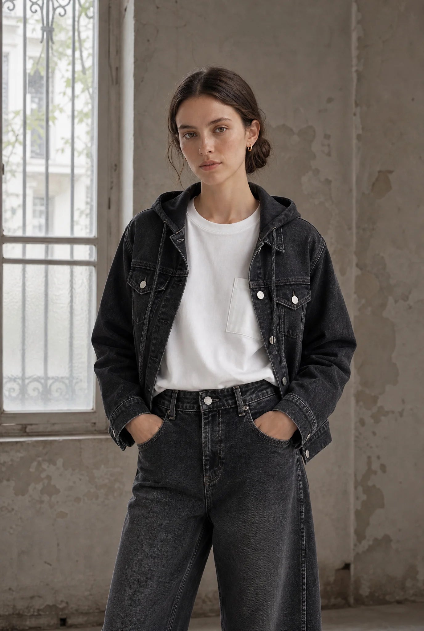 Jane Lushka Jessie faded black hooded denim jacket front view