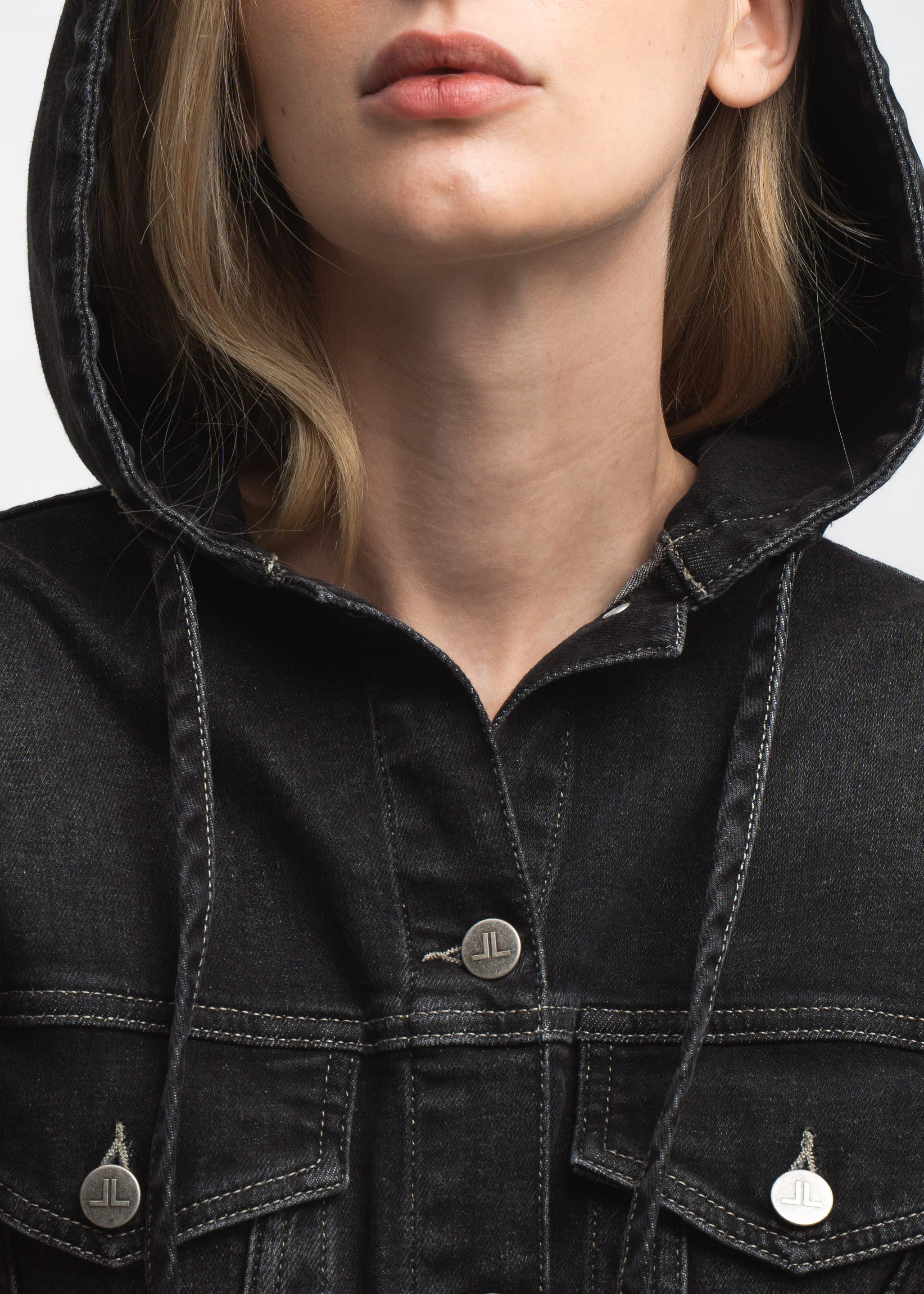 Jane Lushka Jessie black denim jacket hood and button detail