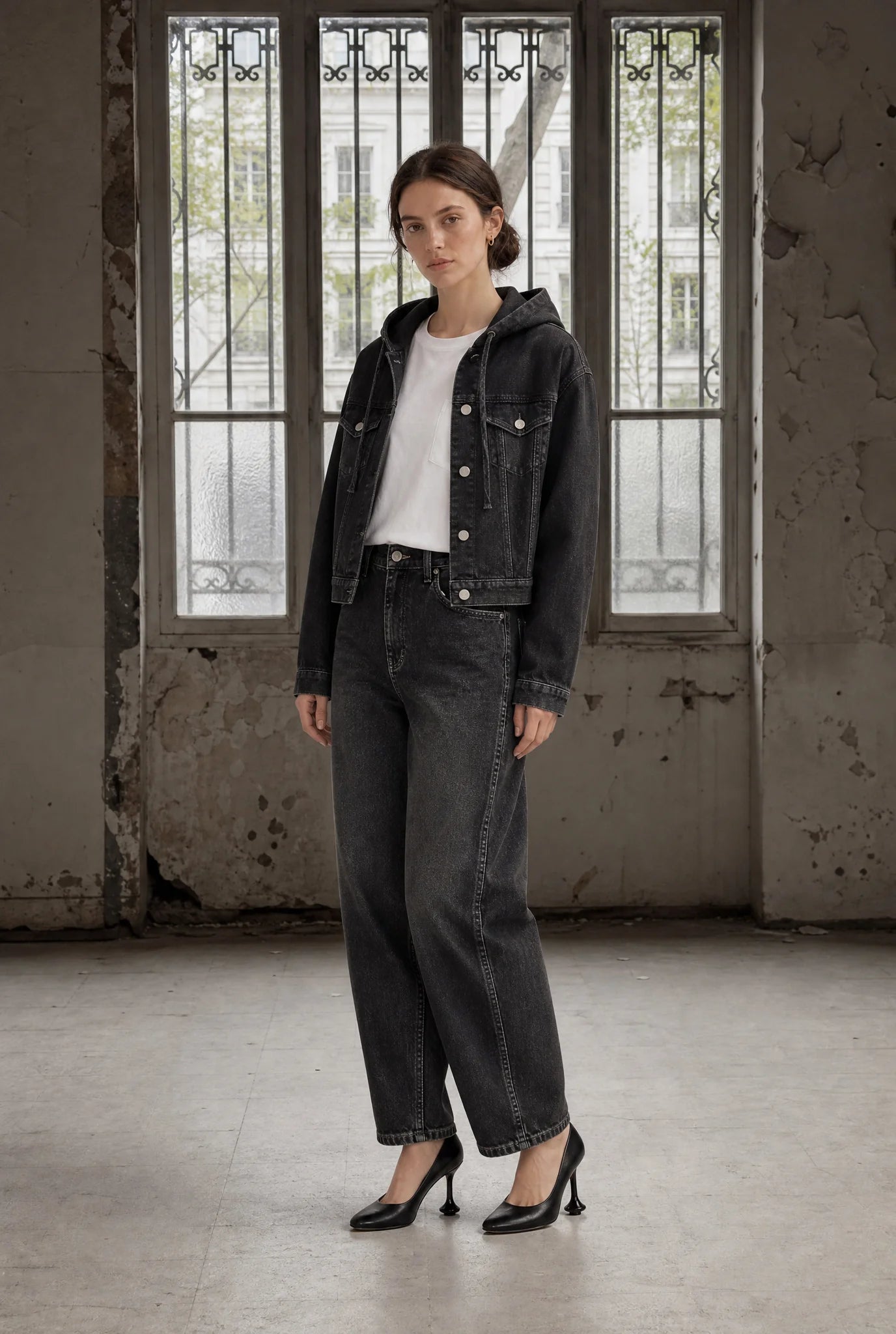 Jane Lushka Jessie faded black denim jacket styled with jeans