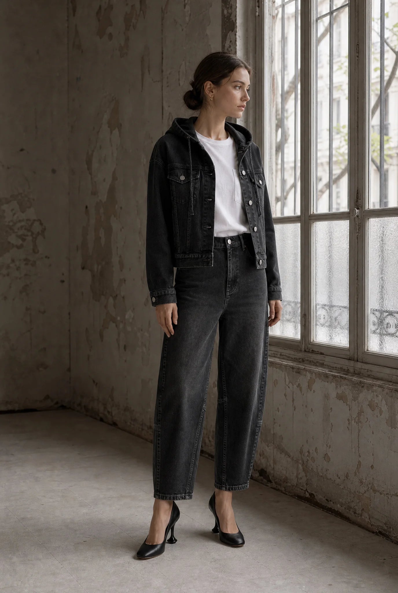 Jane Lushka Nevada black mid rise barrel leg jeans front view