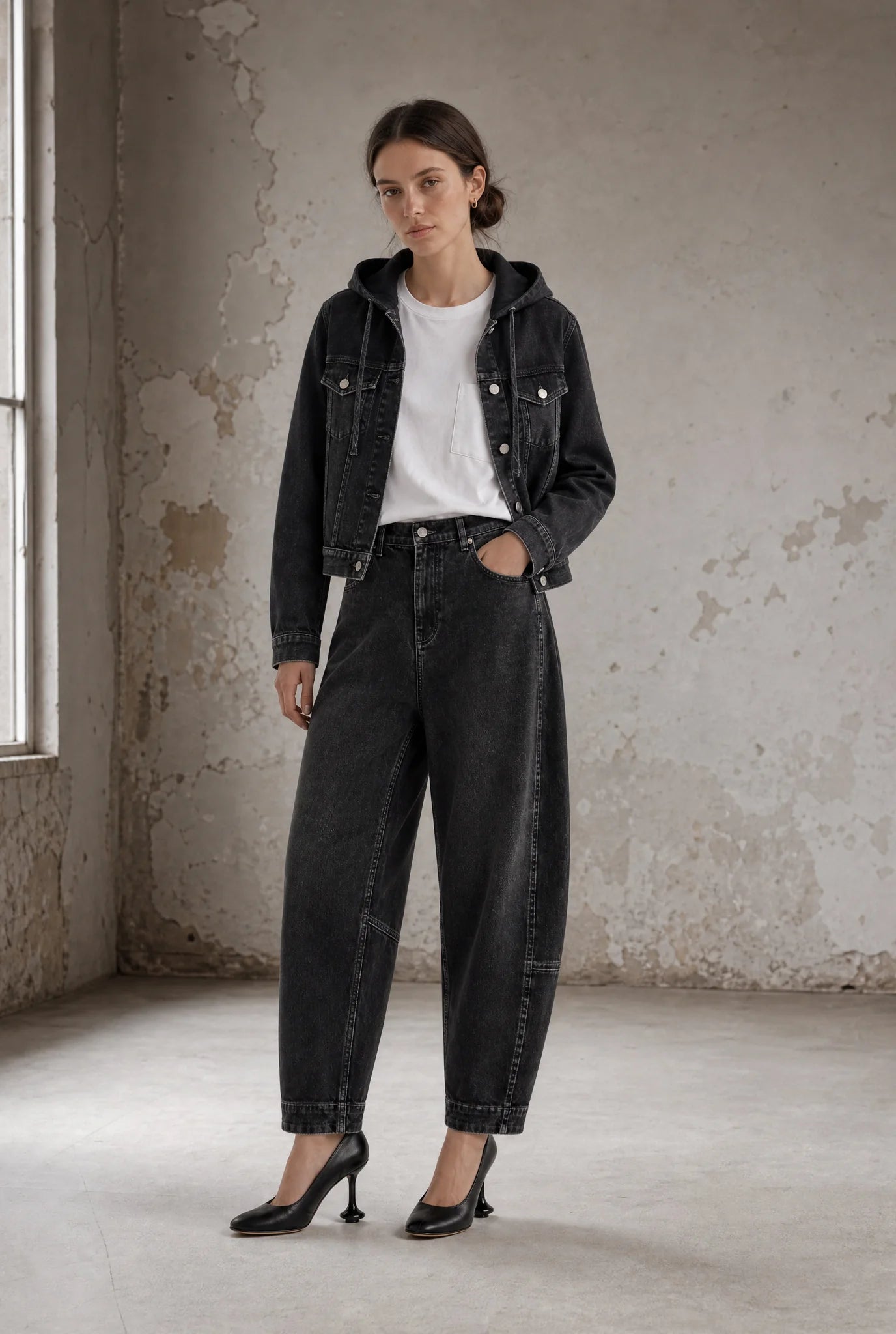 Jane Lushka Nevada black barrel leg women’s jeans styled with white top