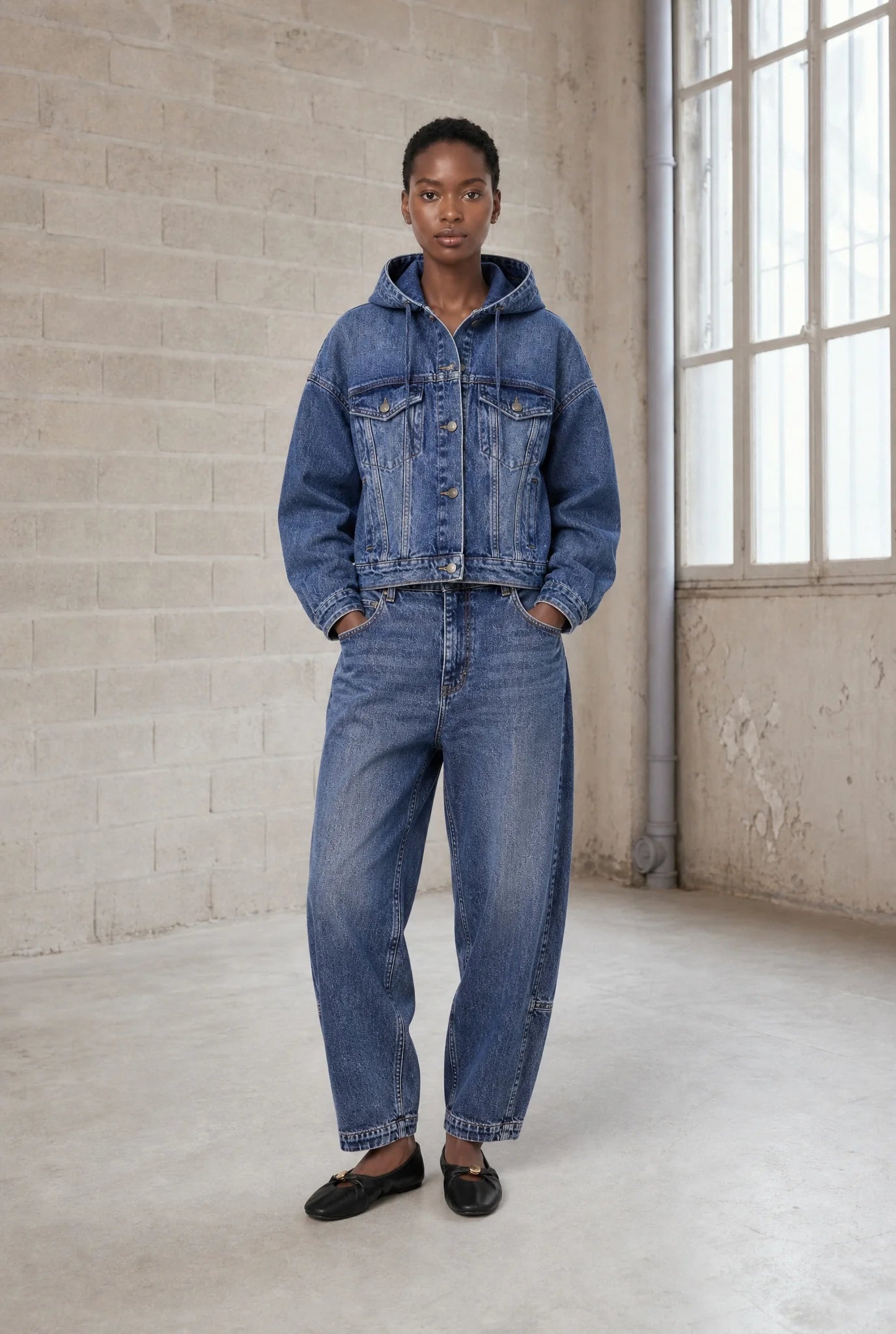 Jane Lushka Nevada blue barrel leg jeans styled with denim jacket