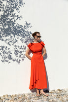 Kameya Orange  Floaty Long Occasion Dress With. Cap Sleeves 