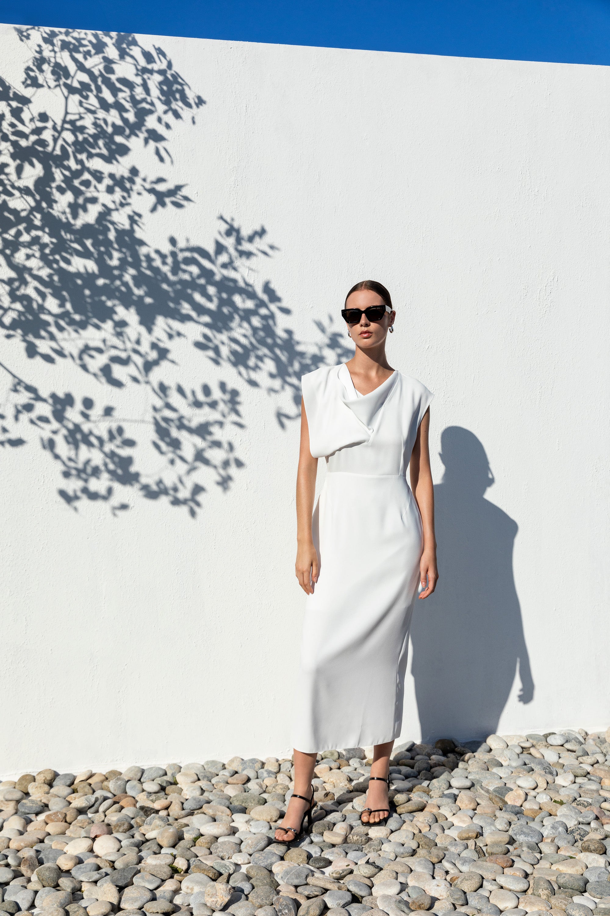 Kameya White Draped Asymmetric Neckline Midi Dress