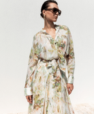 Kameya cream and green botanic print lyocell blouse worn styled front view