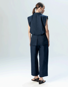Kameya navy wide leg trousers back view with wide hem