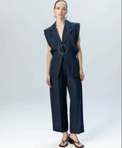 Kameya navy wide leg pleat front trousers front view