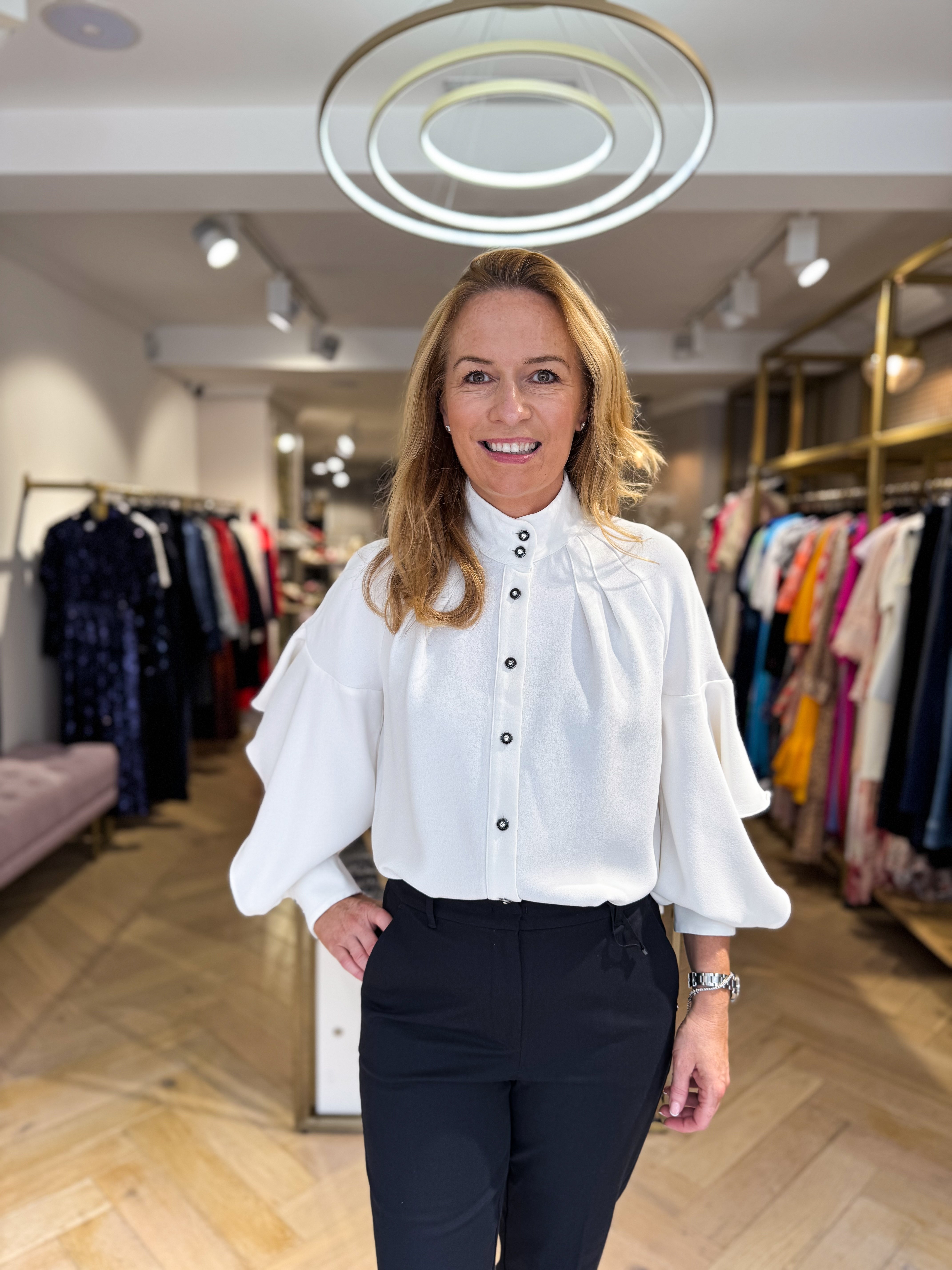 Full work outfit featuring Kameya split sleeve blouse without the bow styled with black Penny Black tailored trousers