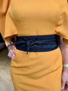 Kameya mustard midi dress with ruffle sleeve – close-up sleeve and belt