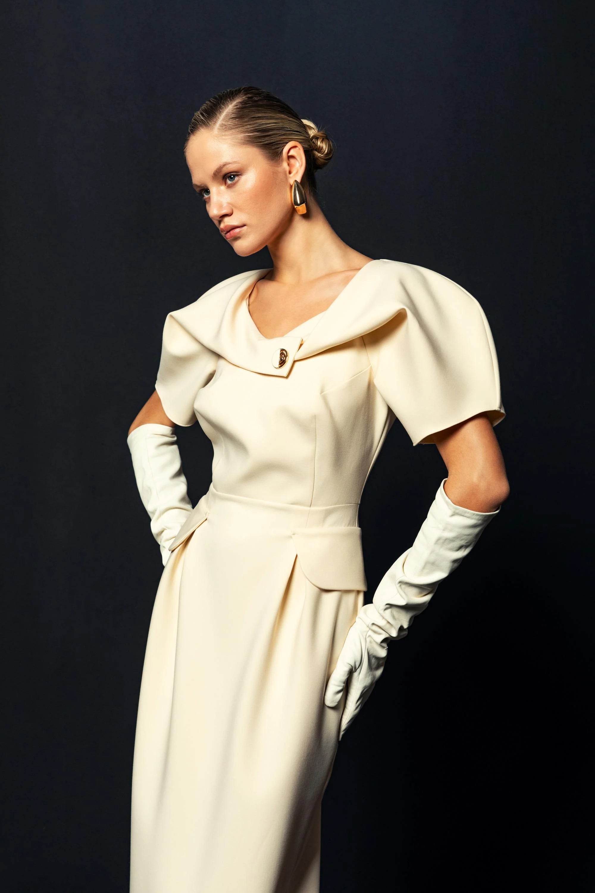 Side view of Kameya Draped Shoulder Midi Dress with elegant shoulder drape