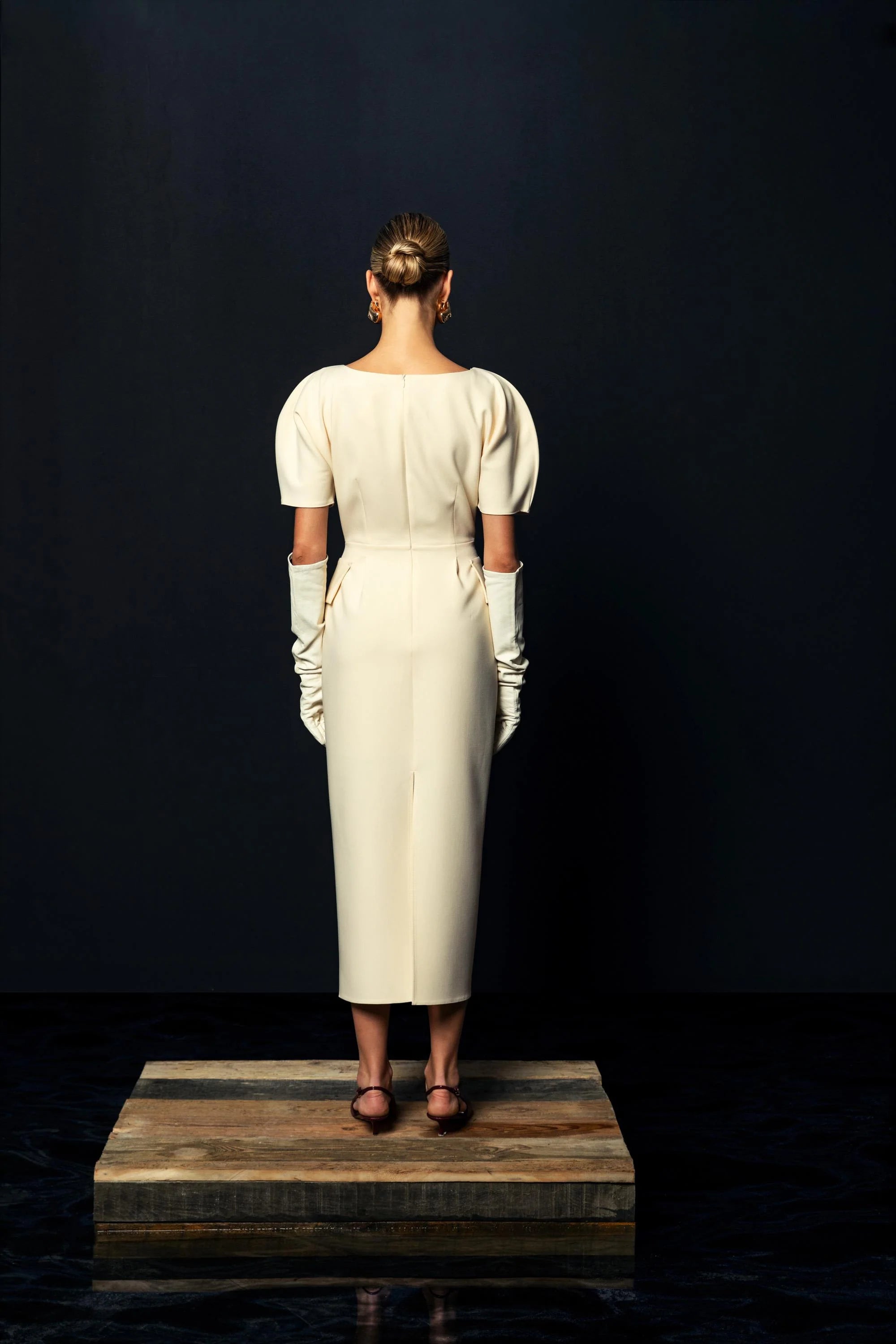Back studio view of Kameya Draped Shoulder Midi Dress showing tailored fit