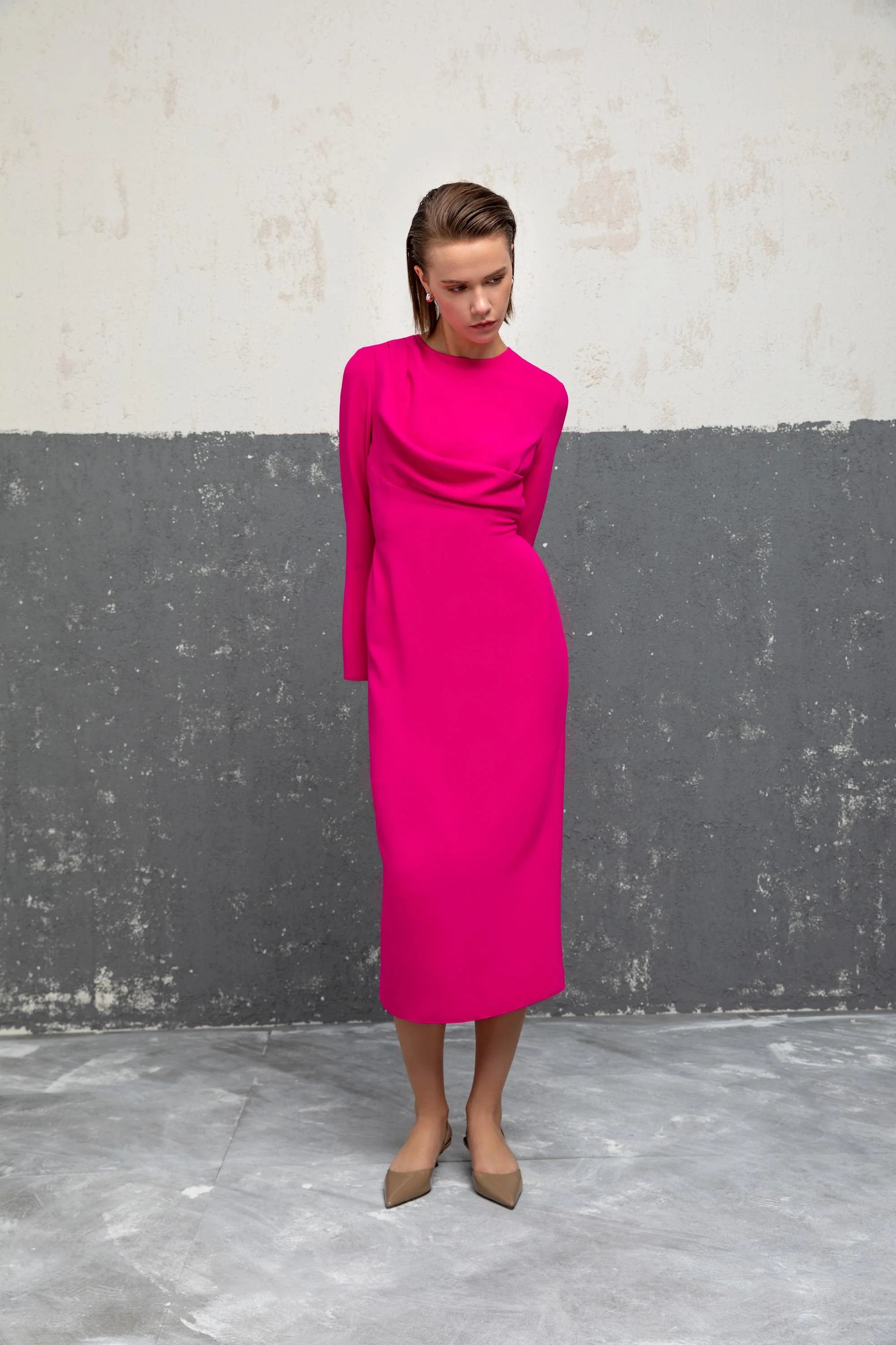 Kameya fuchsia draped midi dress front view