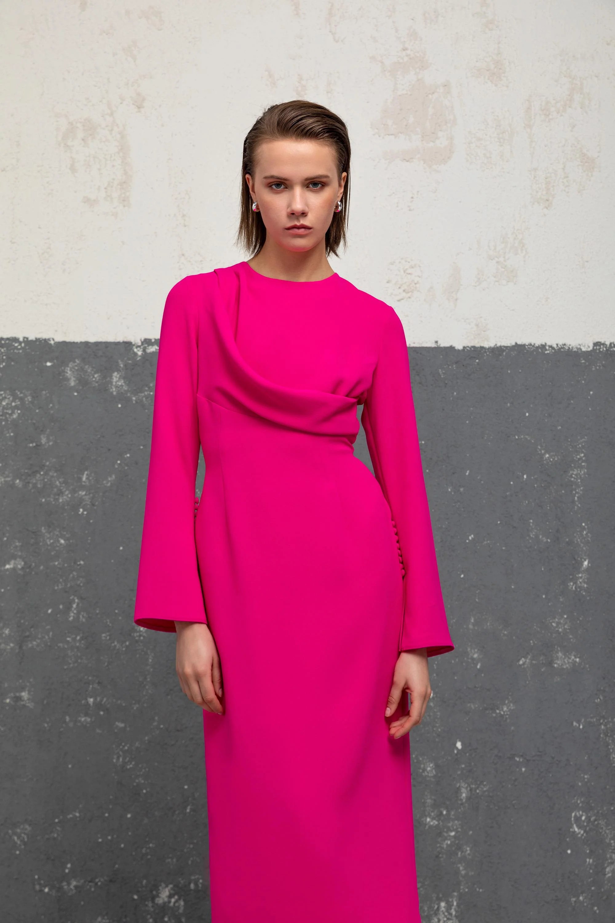 Kameya fuchsia midi dress with draped neckline and long sleeves