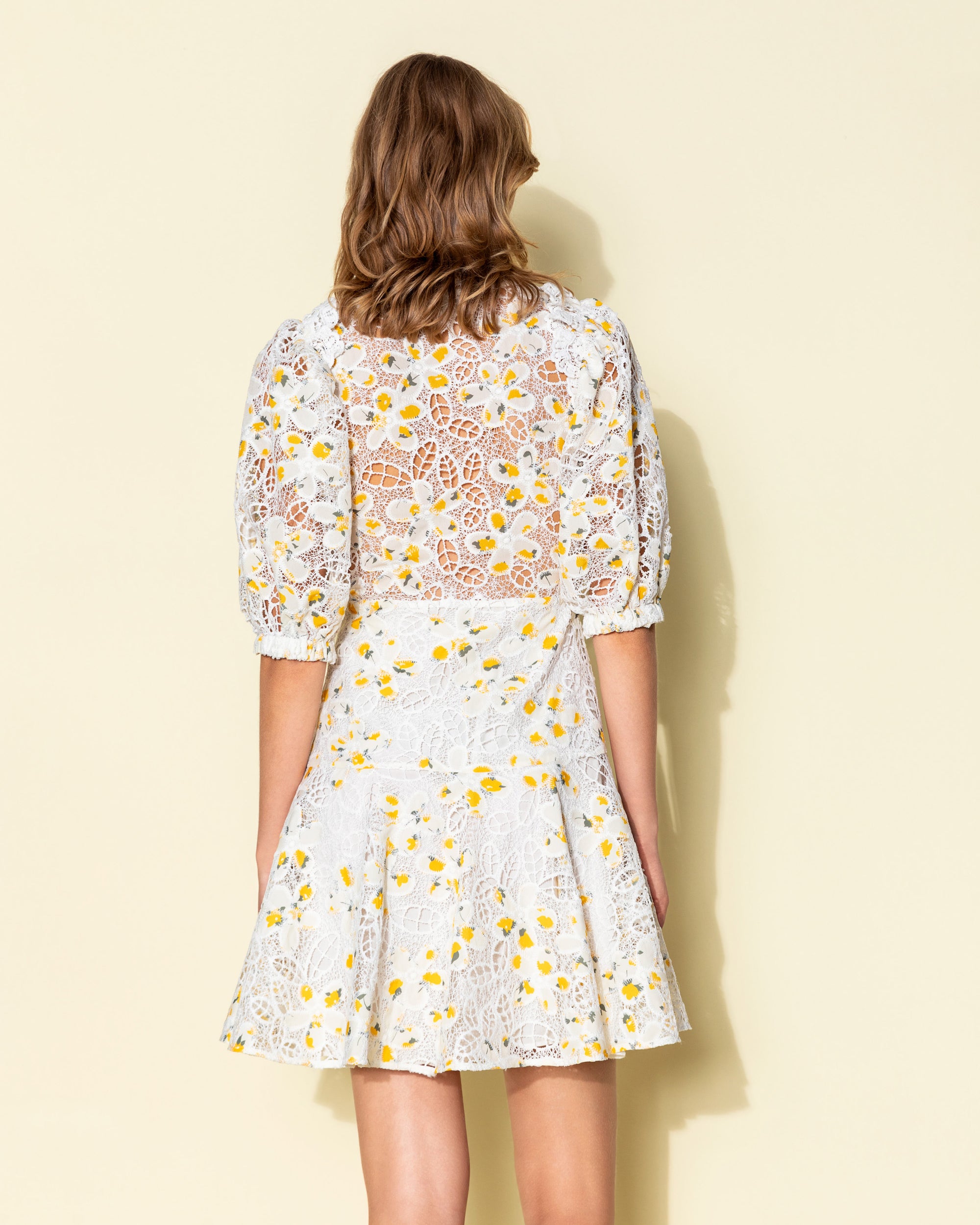 Kameya Off White Floral Broderie Lace Puff Sleeve Mini Dress From the back