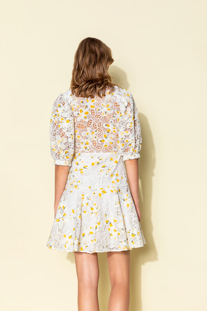 Kameya Off White Floral Broderie Lace Puff Sleeve Mini Dress From the back